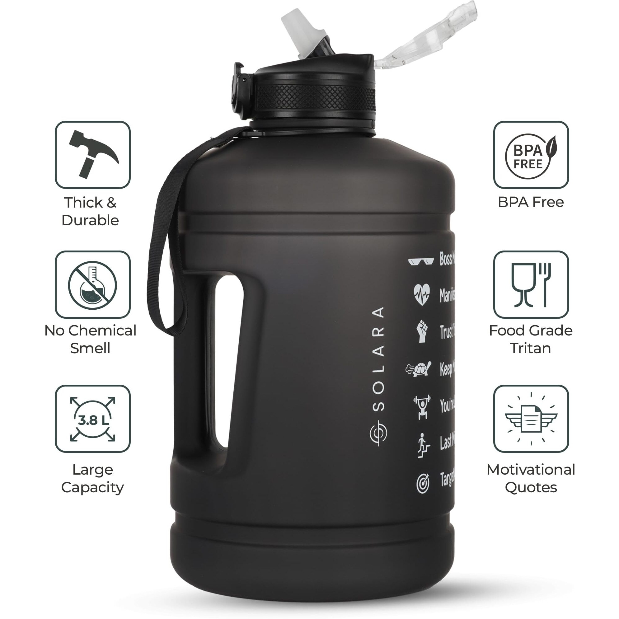 Solara Gallon Water Bottle For Adults 3.8 Ltr With Motivational Time Marker, Leakproof Durable Bpa Free Non-Toxic Tritan Gallon Bottle For Gym, Home, Travel, Sports, Trekking And Office, Black Knight