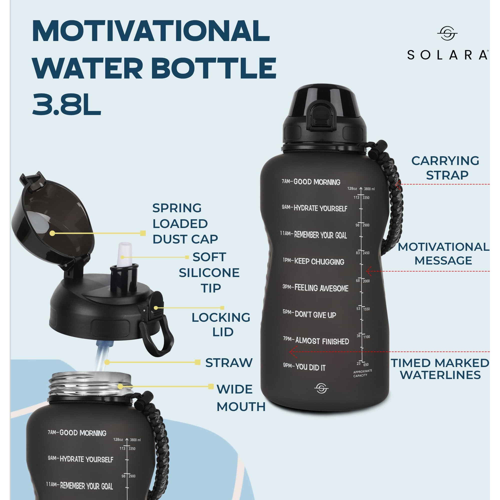 Solara Gallon Water Bottle For Adults 3.8 Ltr With Motivational Time Marker, Leakproof Durable Bpa Free Non-Toxic Tritan Gallon Bottle For Gym, Home, Travel, Sports, Trekking And Office, Black Knight