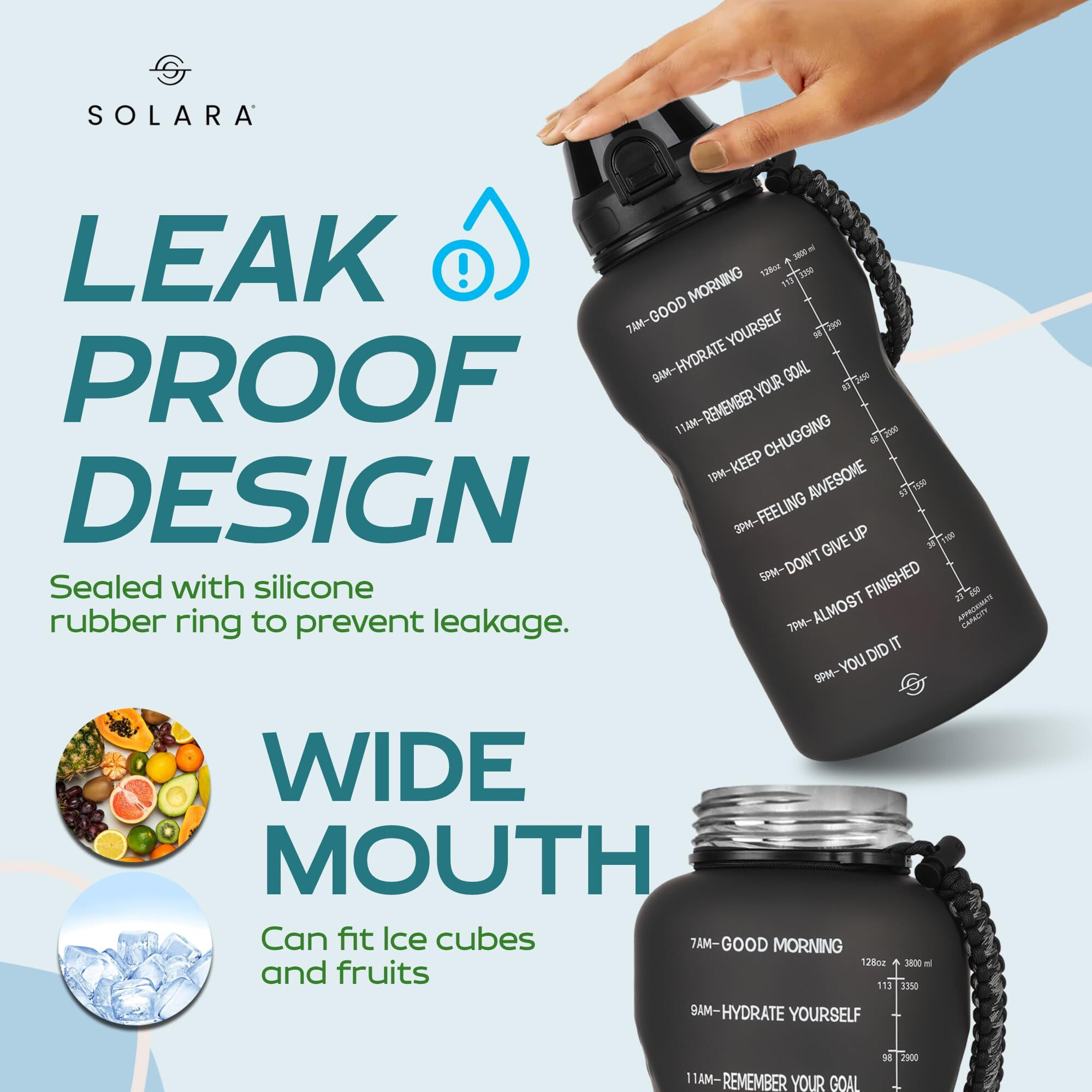 Solara Gallon Water Bottle For Adults 3.8 Ltr With Motivational Time Marker, Leakproof Durable Bpa Free Non-Toxic Tritan Gallon Bottle For Gym, Home, Travel, Sports, Trekking And Office, Black Knight