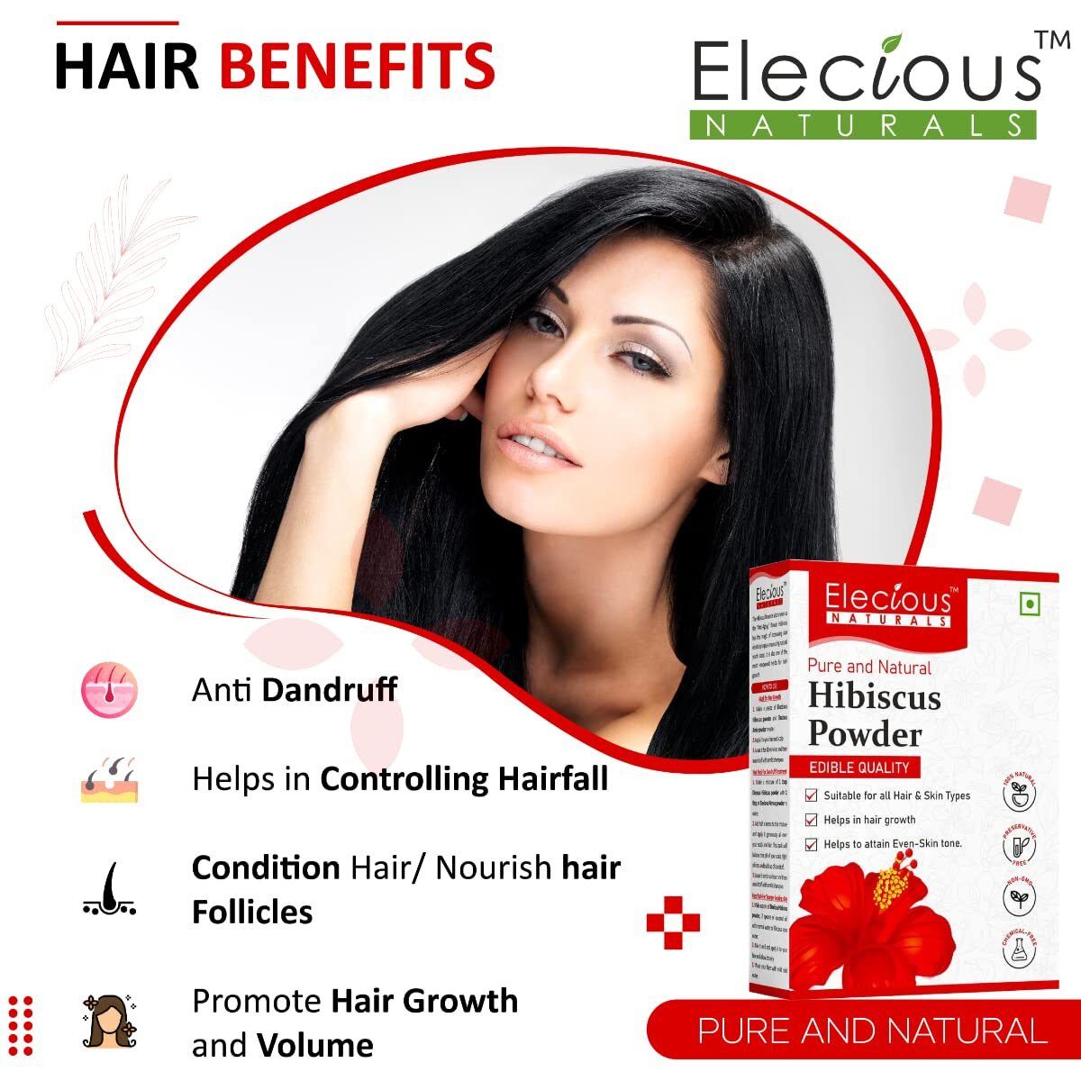 Elecious Hibiscus Powder For Hair Growth, Face And Skin (200 Grams) | Suitable For Hair Pack, Hair Oil, Face Pack And Hibiscus Tea