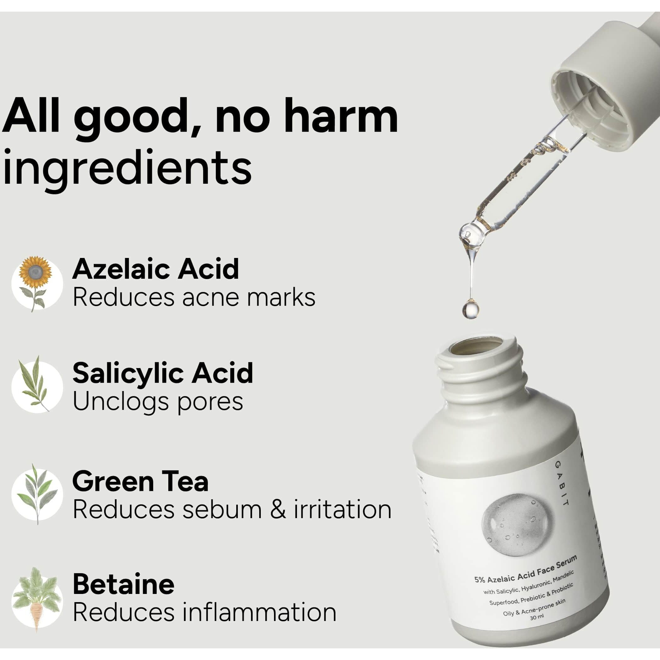 Gabit 5% Azelaic Acid Face Serum For Acne, Blackheads, Open Pores & Spots | Salicylic (1%), Hyaluronic, Green Tea, Prebiotic, Probiotic | For Oily, Acne Prone Skin | Oil & Fragrance Free | For Women & Men, 30 Ml
