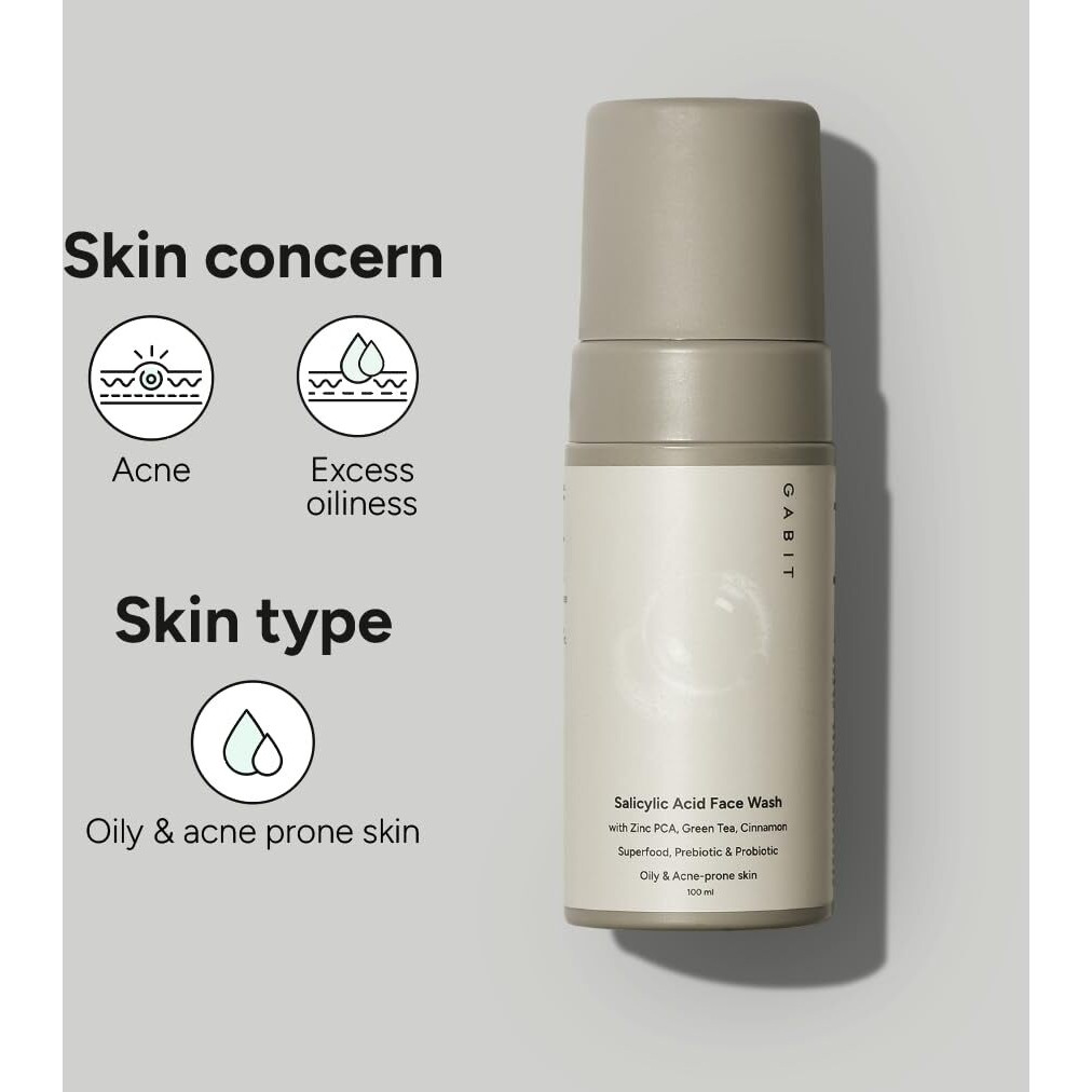 Gabit Salicylic Acid Face Wash For Oily, Acne Prone Skin | Deeply Cleanse Pores, Exfoliates & Non-Drying | Green Tea, Provitamin B5, Zinc Pca | For Men & Women | Free Of Sulphates, Soap & Oil | 100 Ml