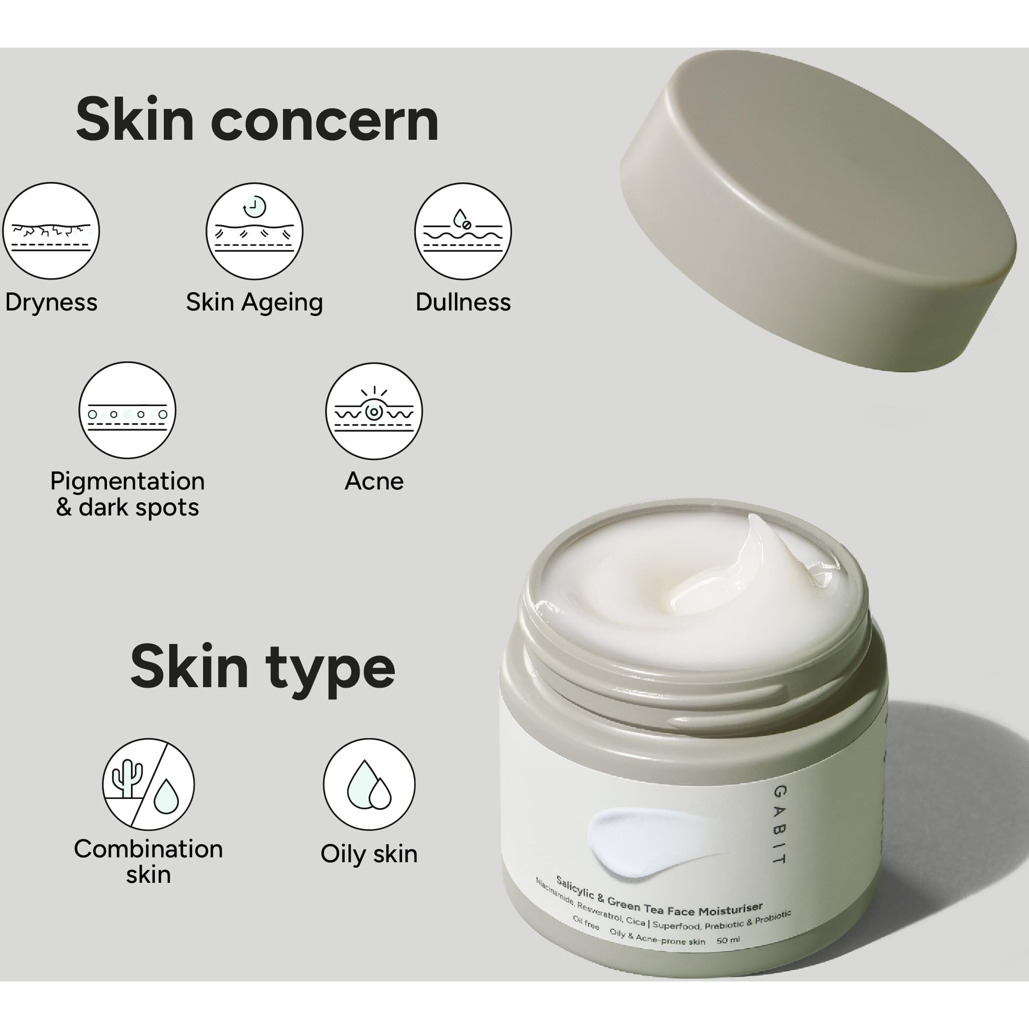 Gabit Salicylic Acid & Green Tea Face Moisturiser For Acne, Blackheads & Open Pores | Oil Free, Lightweight Moisturizer, Exfoliates, Brightens Skin |Ceramides, Niacinamide, Cica |For Women & Men, 50Ml