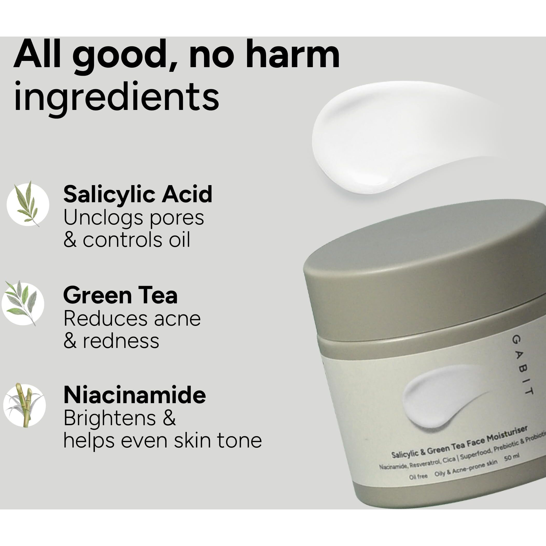 Gabit Salicylic Acid & Green Tea Face Moisturiser For Acne, Blackheads & Open Pores | Oil Free, Lightweight Moisturizer, Exfoliates, Brightens Skin |Ceramides, Niacinamide, Cica |For Women & Men, 50Ml