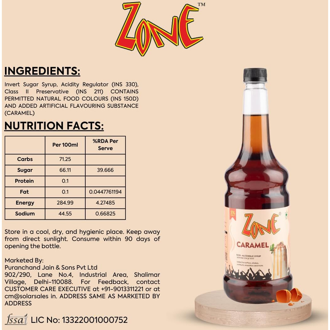 Zone Caramel Syrup 1050Ml | Rich & Velvety Caramel Taste For Coffee, Hot Chocolate, Shakes, Desserts & More | 35+ Flavours