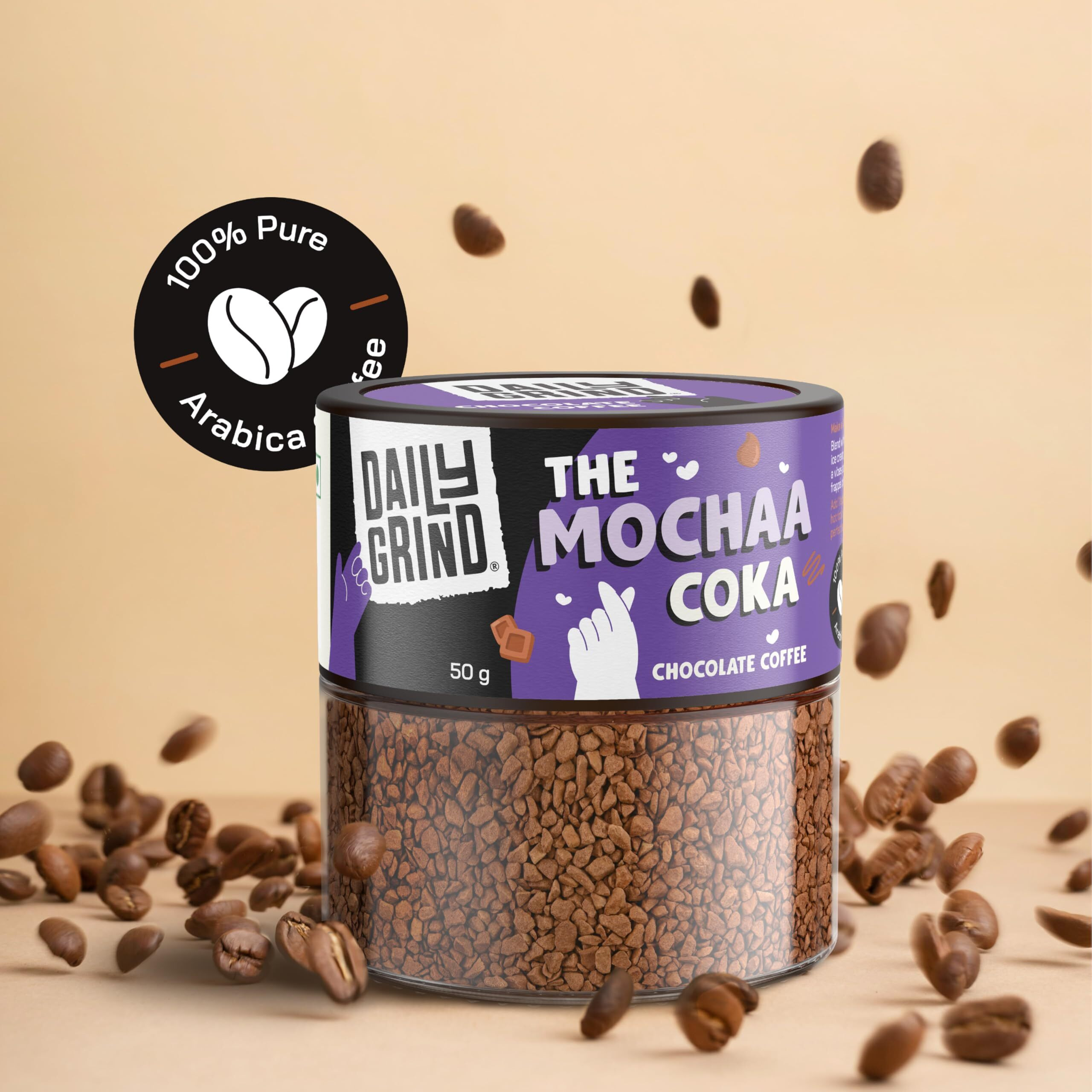 Dailygrind The Mochaa Coka Chocolate Coffee - 50G Jar | 100% Arabica | Rich & Velvety | Freeze-Dried Instant Coffee With Natural Chocolate Flavor | Makes 25 Cups