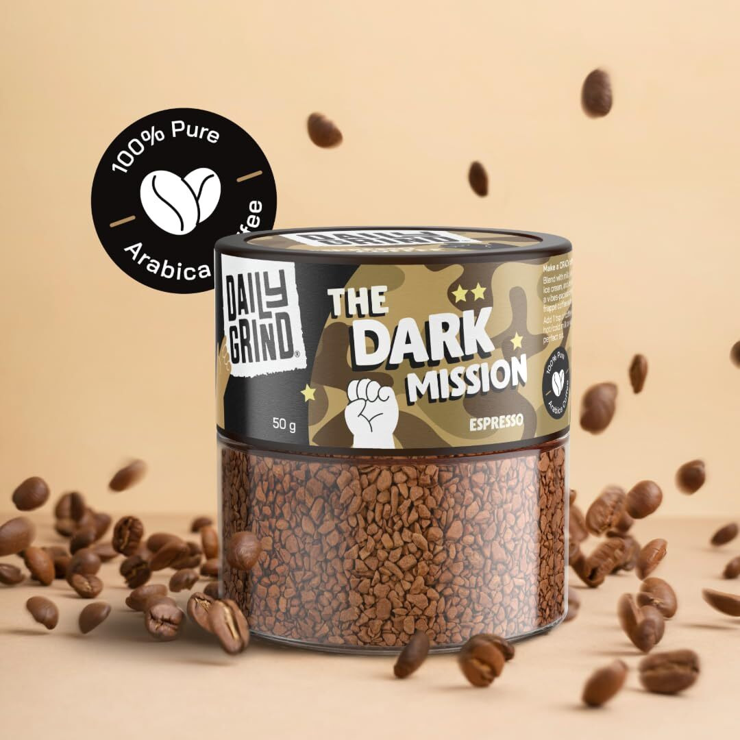 Dailygrind Espresso Instant Coffee Powder- 50G | The Dark Mission | Strong Espresso Intense Coffee | Dark Roasted Hot & Cold/Iced Coffee | Freeze Dried - 25 Cups