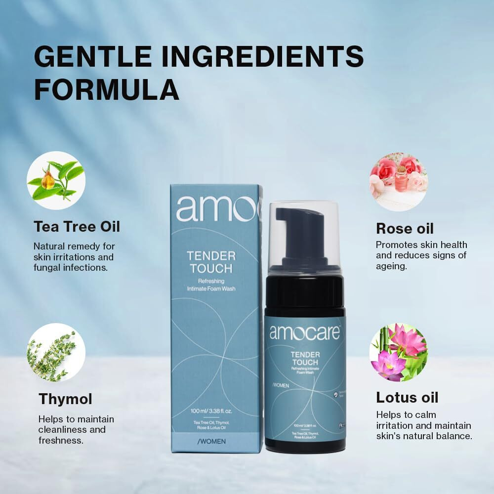Amocare Intimate Wash For Women | Vaginal Wash, Foam Intimate Wash | Prevents Infection | Irritation & Dryness | Suitable For All Skin Types | Natural Moisturiser | Tea Tree, Rose & Lotus Oil | 100 Ml