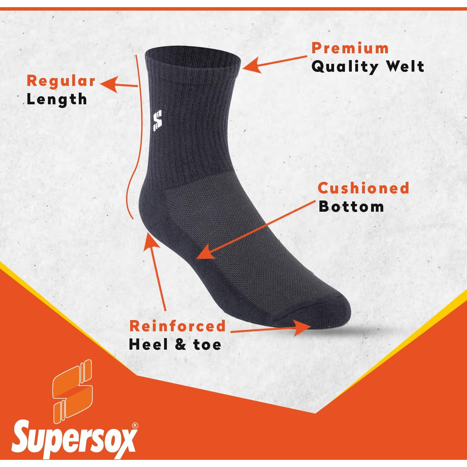 Supersox Cotton Men's 3 Pairs Sports Regular Length Socks - Half Terry Cushioned, Anti Odour & Anti Bacterial For Sneaker & Running Workout - Free Size, Pack Of 3 (Regular Length), Assorted