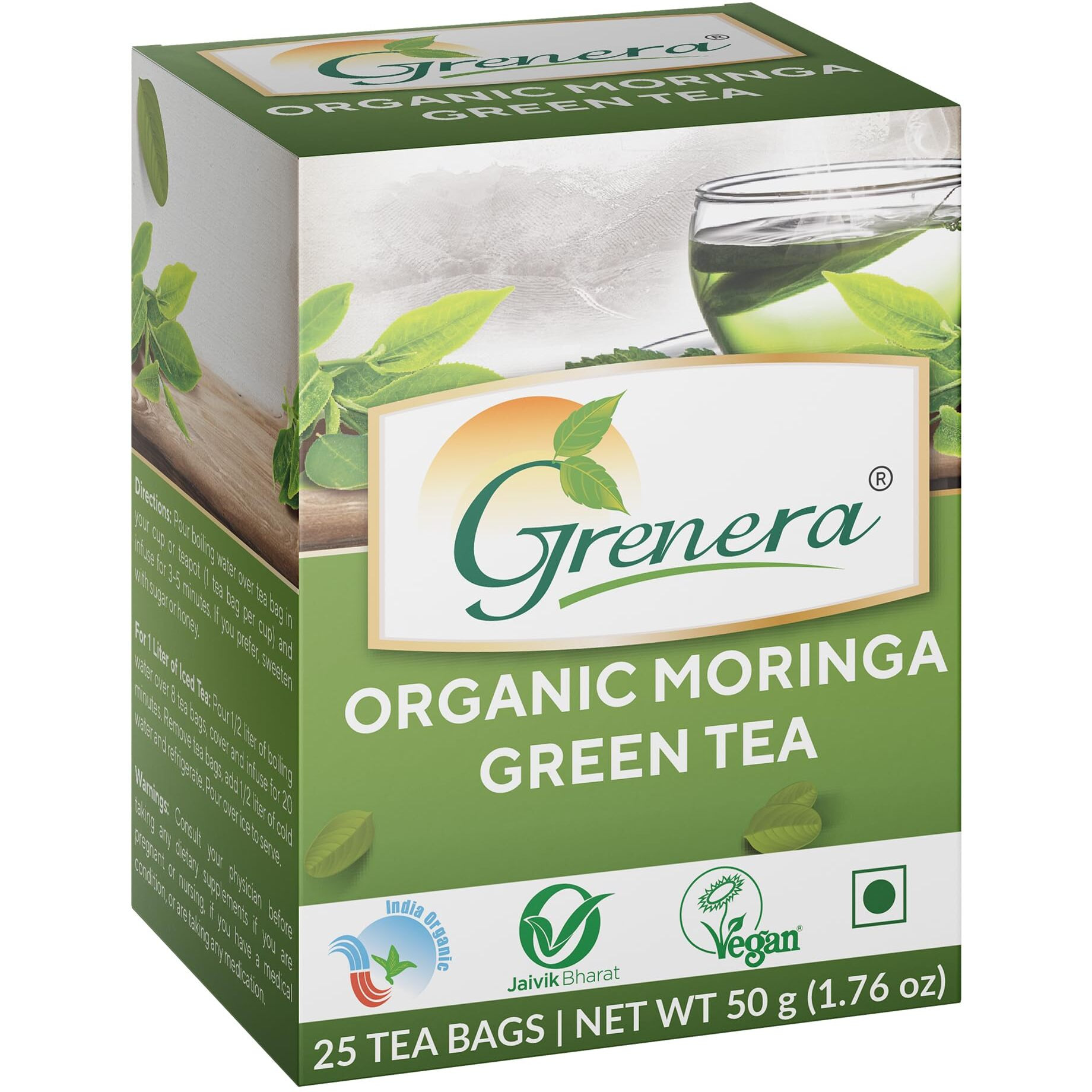Grenera Organic Moringa Green Tea 25 Bags, Caffeine Free, Staple Free, Made With Organic Certified Moringa And Green Tea Leaf