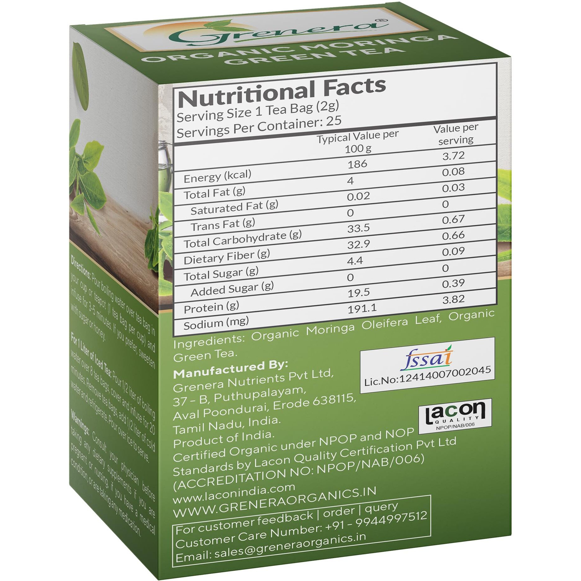 Grenera Organic Moringa Green Tea 25 Bags, Caffeine Free, Staple Free, Made With Organic Certified Moringa And Green Tea Leaf