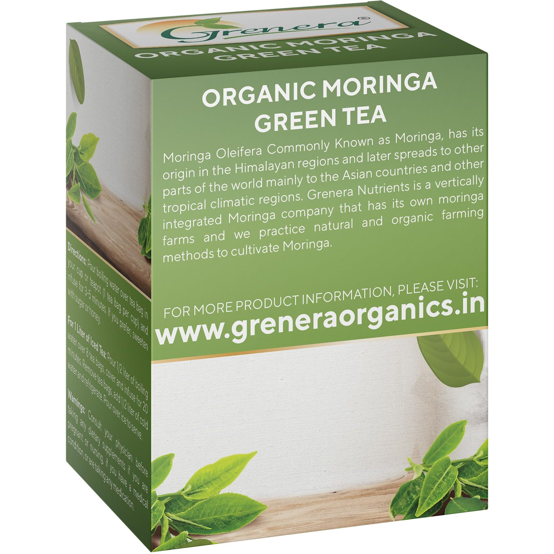 Grenera Organic Moringa Green Tea 25 Bags, Caffeine Free, Staple Free, Made With Organic Certified Moringa And Green Tea Leaf