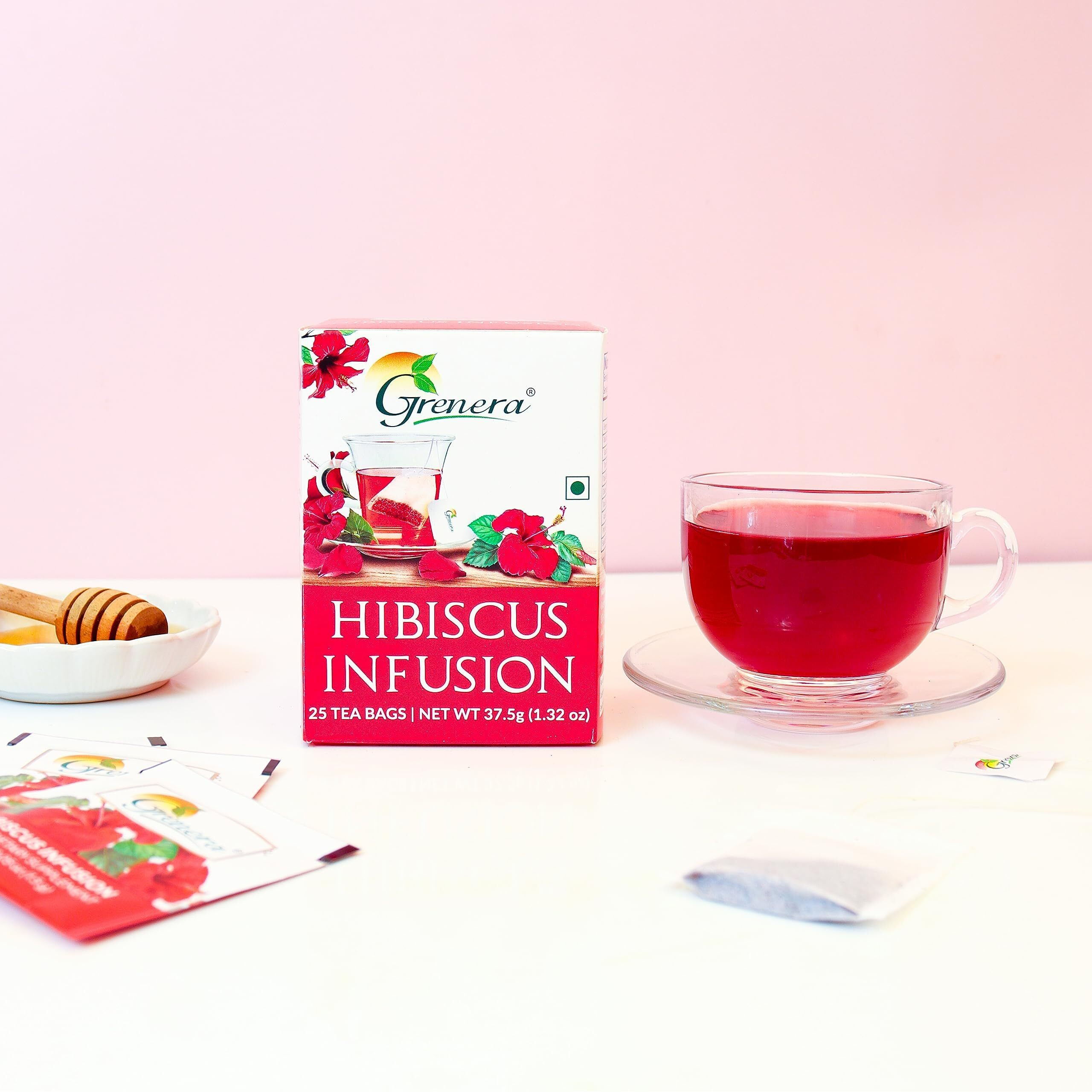 Grenera Hibiscus Flower Tea 25 Dips, Made With Real Hibiscus Petals, Delicious Red Tea For Sugar And High Blood Pressure Control, Hair Growth, Caffeine Free Infusion - Hibiscus, 37.5 Gram