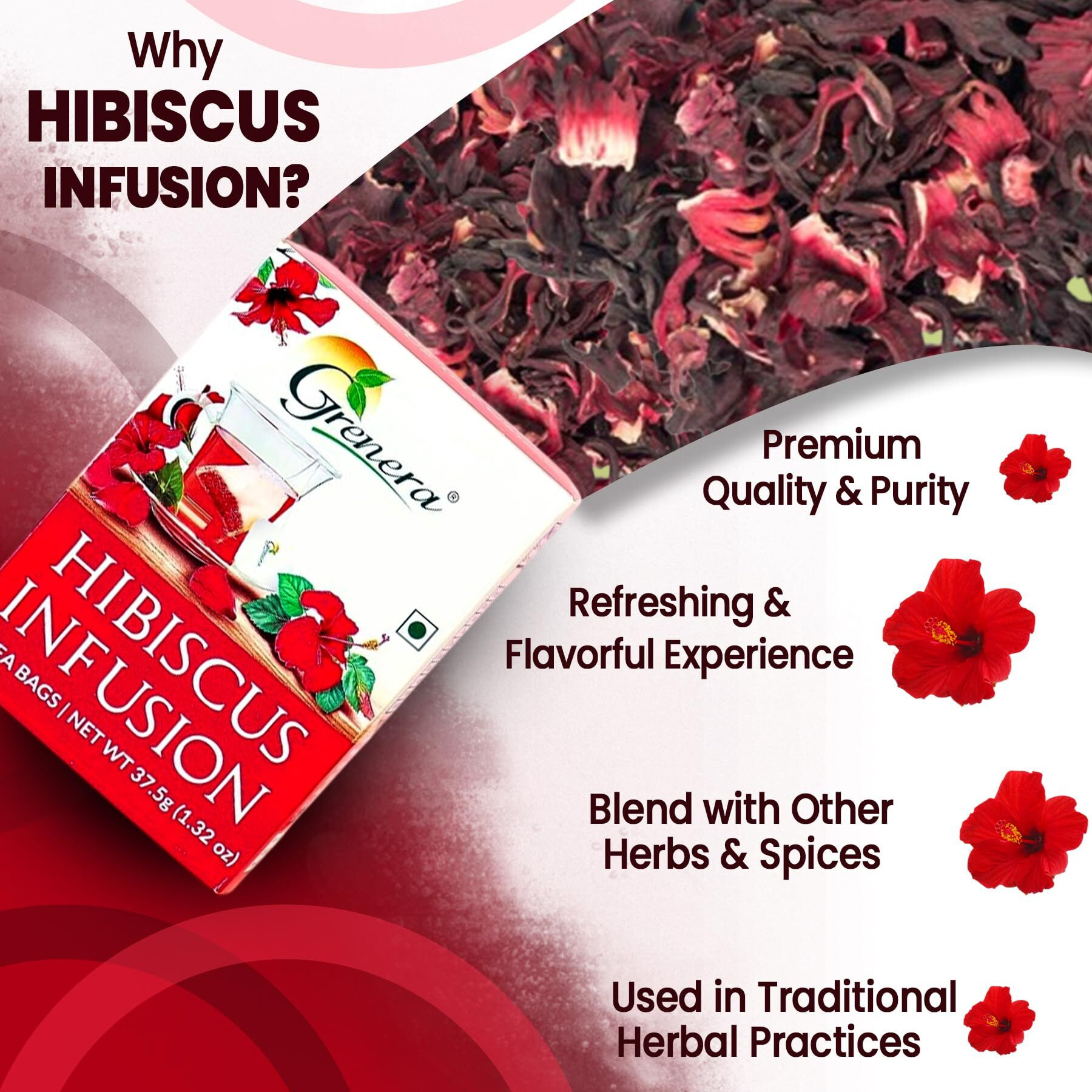 Grenera Hibiscus Flower Tea 25 Dips, Made With Real Hibiscus Petals, Delicious Red Tea For Sugar And High Blood Pressure Control, Hair Growth, Caffeine Free Infusion - Hibiscus, 37.5 Gram