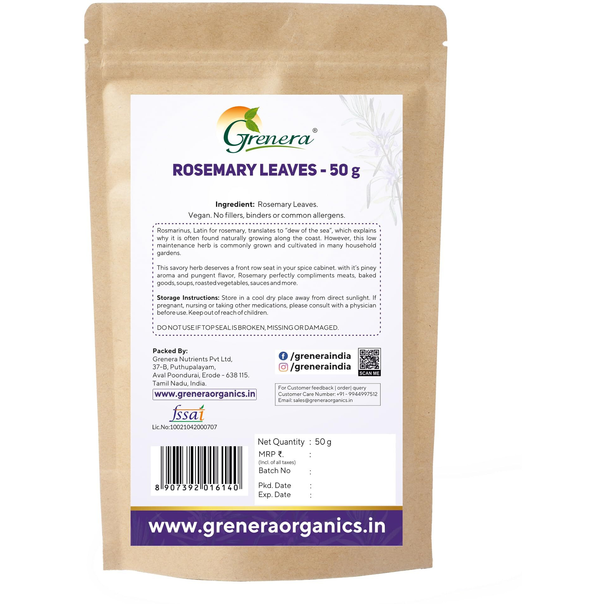 Grenera Rosemary Dried Leaves 50 Grams, Premium Grade Rosemary For Seasoning, Tea And Hair, For Salads, Soups, Cooking, Hair Growth