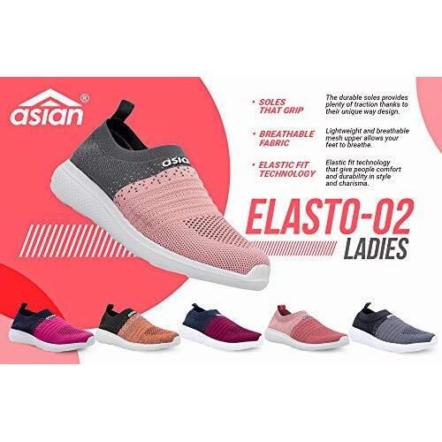 Asian Women's Elasto-02 Knitted Sports Walking Slipon Shoes- Pink