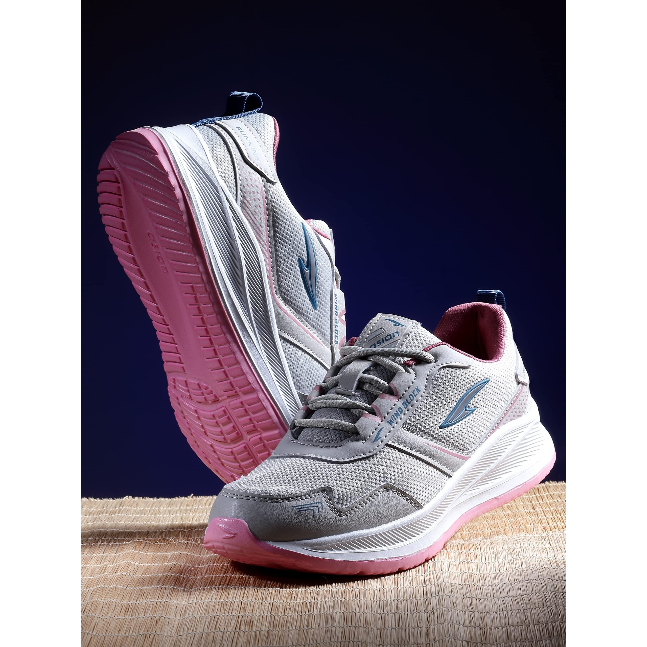Asian Women's Cute Sports Running Shoes,Walking, Gym Casual Sneaker Lace-Up Shoes For Girl's Light Grey Pink, 8 Uk