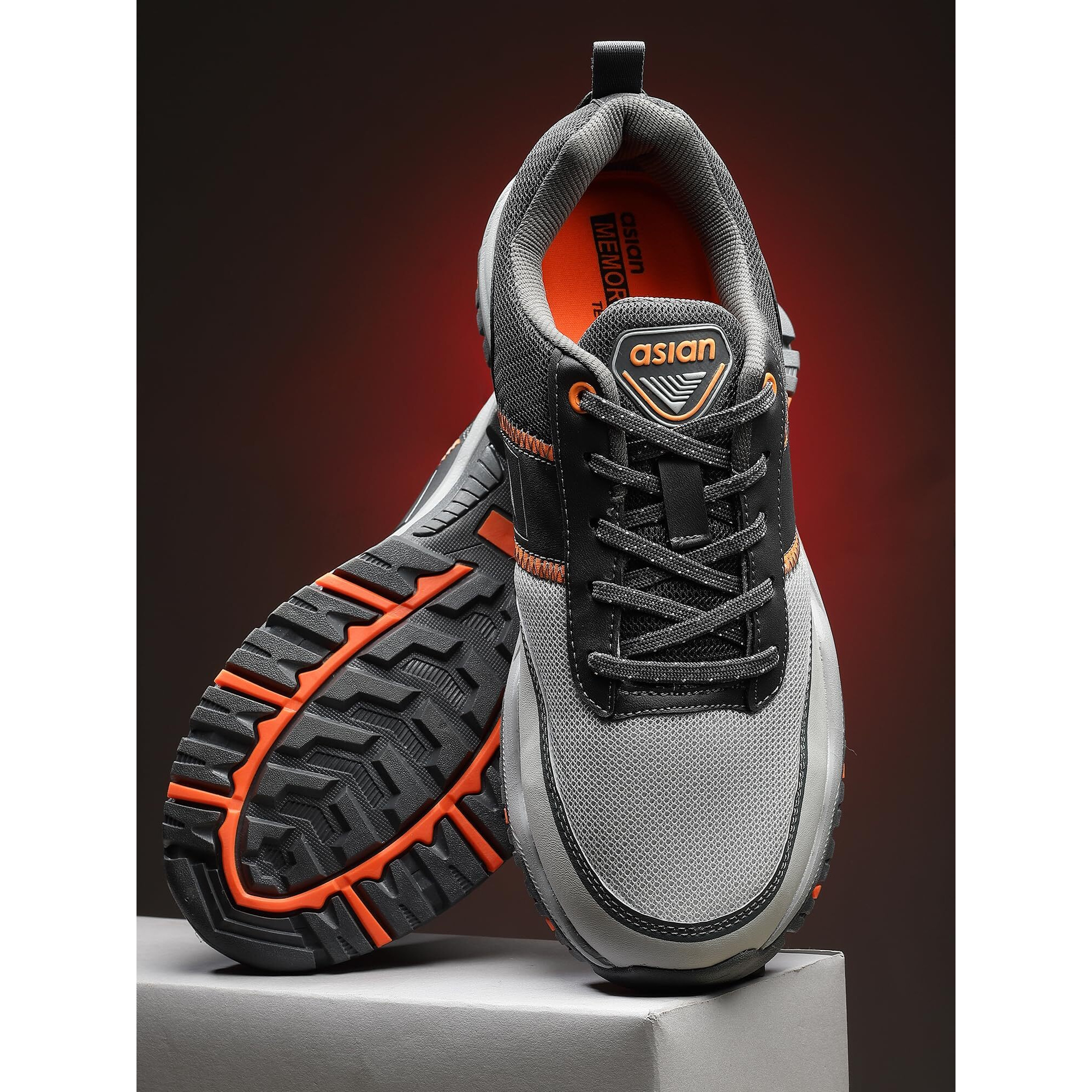 Asian Men's Everest-02 Sports Trekking & Hiking,Walking Shoes With Rubber Outsole & Memory Foam Insole Lace-Up Shoes For Men's & Boy's Grey Orange