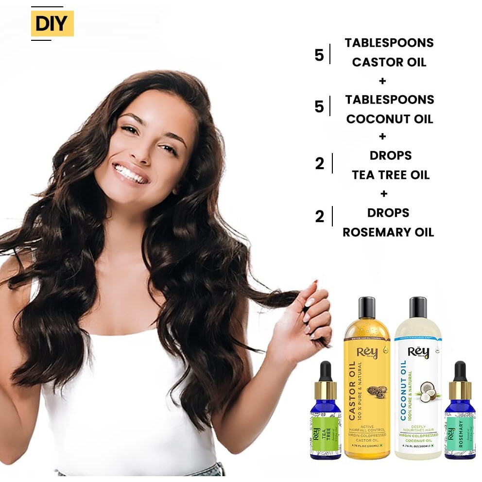 Rey Naturals Tea Tree Oil, Rosemary Oil, Coconut Oil, Castor Oil For Hair Growth, Dandruff & Hairfall Control, Acne, Dark Spots (15Ml*2+200Ml*2), Cold Pressed Oil For Skin & Hair Care, Herbal Hair Oil