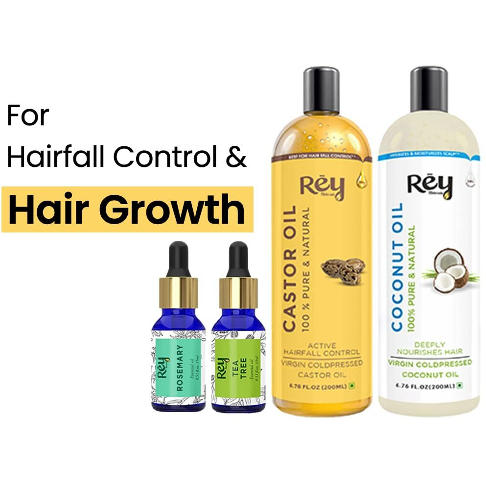 Rey Naturals Tea Tree Oil, Rosemary Oil, Coconut Oil, Castor Oil For Hair Growth, Dandruff & Hairfall Control, Acne, Dark Spots (15Ml*2+200Ml*2), Cold Pressed Oil For Skin & Hair Care, Herbal Hair Oil