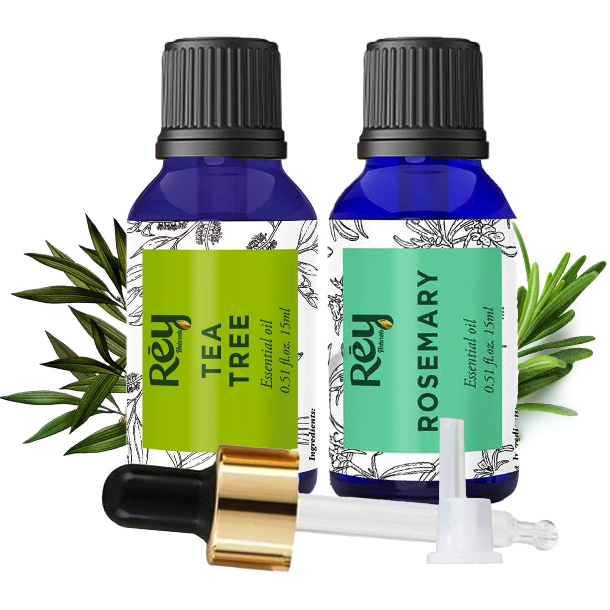 Rey Naturals Tea Tree Oil & Rosemary Oil For Hair Growth & Dandruff Control | Pure Essential Oil For Hair, Face & Skin Care | For All Skin & Hair Types - 15Ml*2