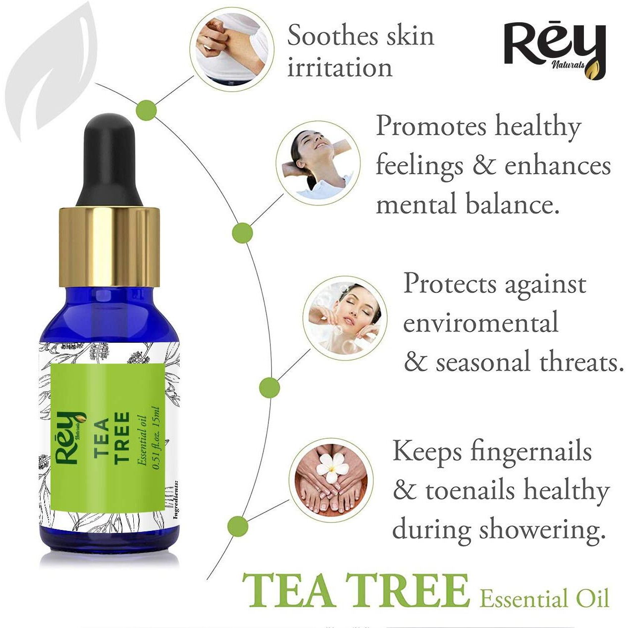 Rey Naturals Tea Tree Oil & Rosemary Oil For Hair Growth & Dandruff Control | Pure Essential Oil For Hair, Face & Skin Care | For All Skin & Hair Types - 15Ml*2