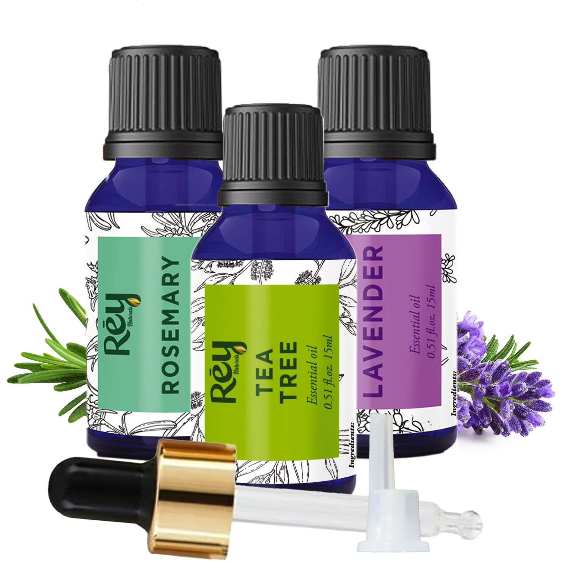 Rey Naturals Lavender Essential Oil, Tea Tree Oil & Rosemary Oil For Hair Growth, Aromapathy, Dandruff & Acne | Essential Oil Set For Face, Skin & Hair Care| For All Skin & Hair Types -15Ml*3