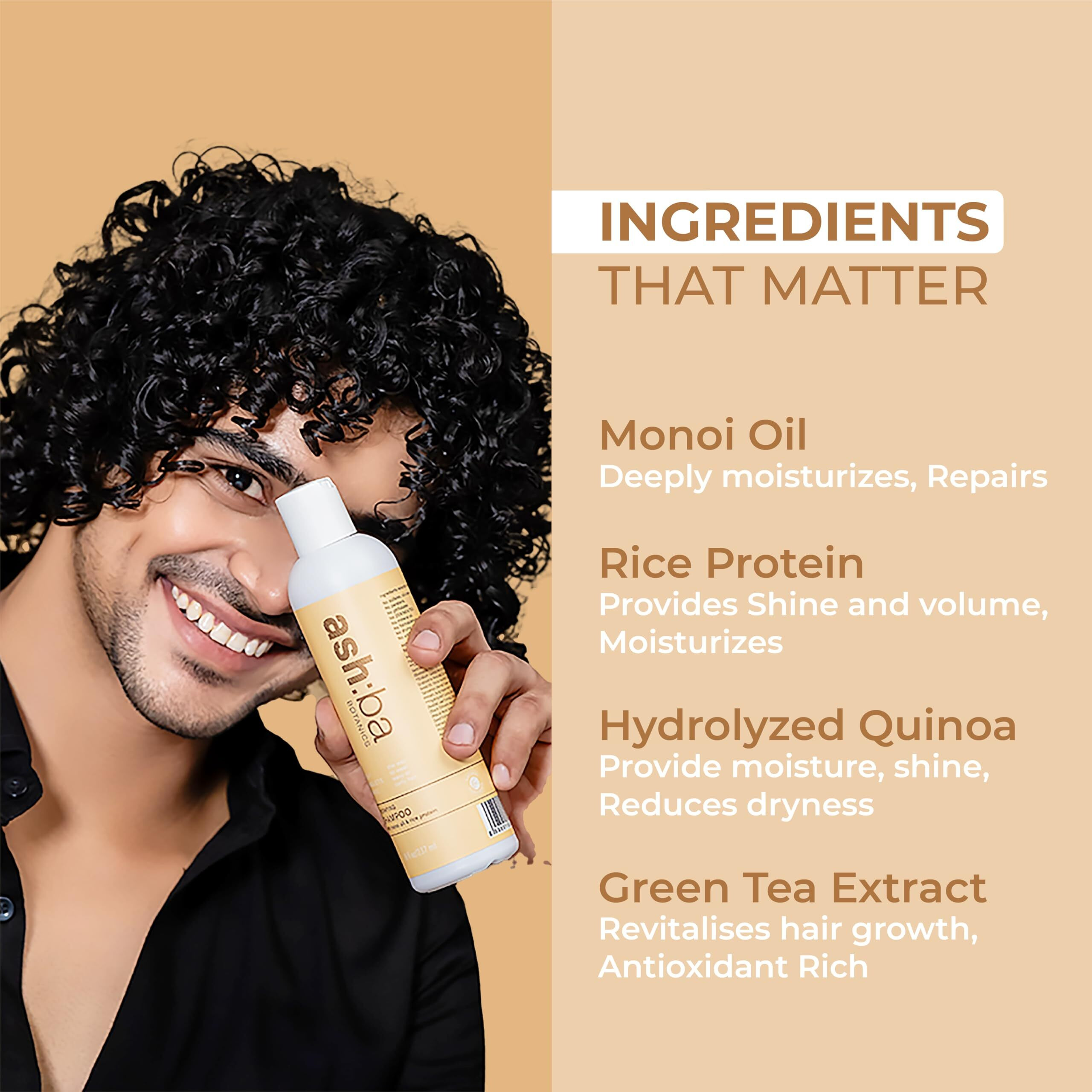 Ashba Botanics Hydrating Shampoo For Men & Women With Dry, Frizzy, Curly & Wavy Hair | Gently Cleanses, Soothes Scalp With Green Tea, Shea Butter, Rice & Quinoa Protein | Paraben, Sulphate Free - 50Ml