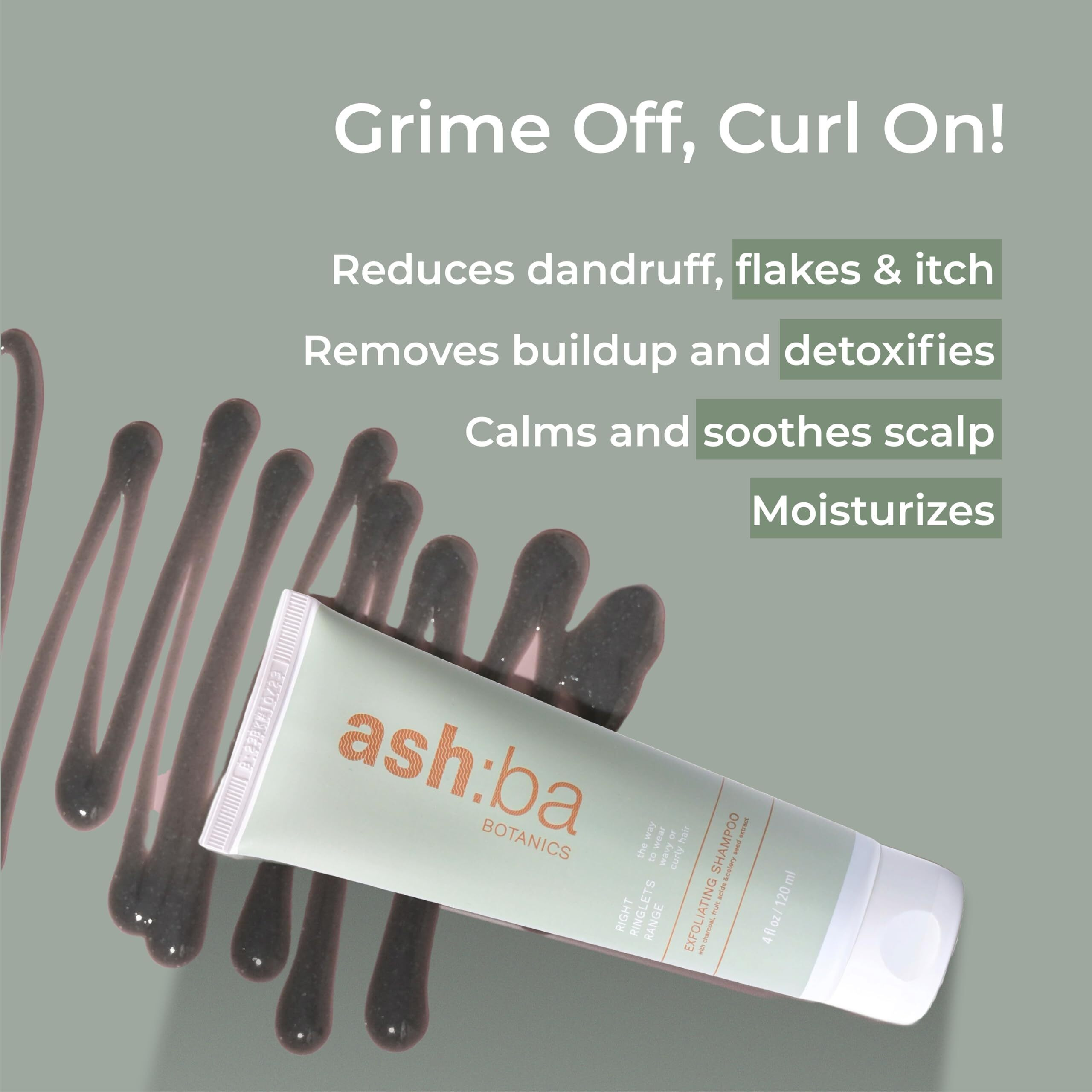 Ashba Botanics Exfoliating Shampoo For Women & Men With Curly & Wavy Hair | Natural Ahas, Tea Tree, Peppermint, Rosemary & Charcoal Gently Cleanses, Removes Buildup & Dandruff | No Itchy Scalp 120Ml