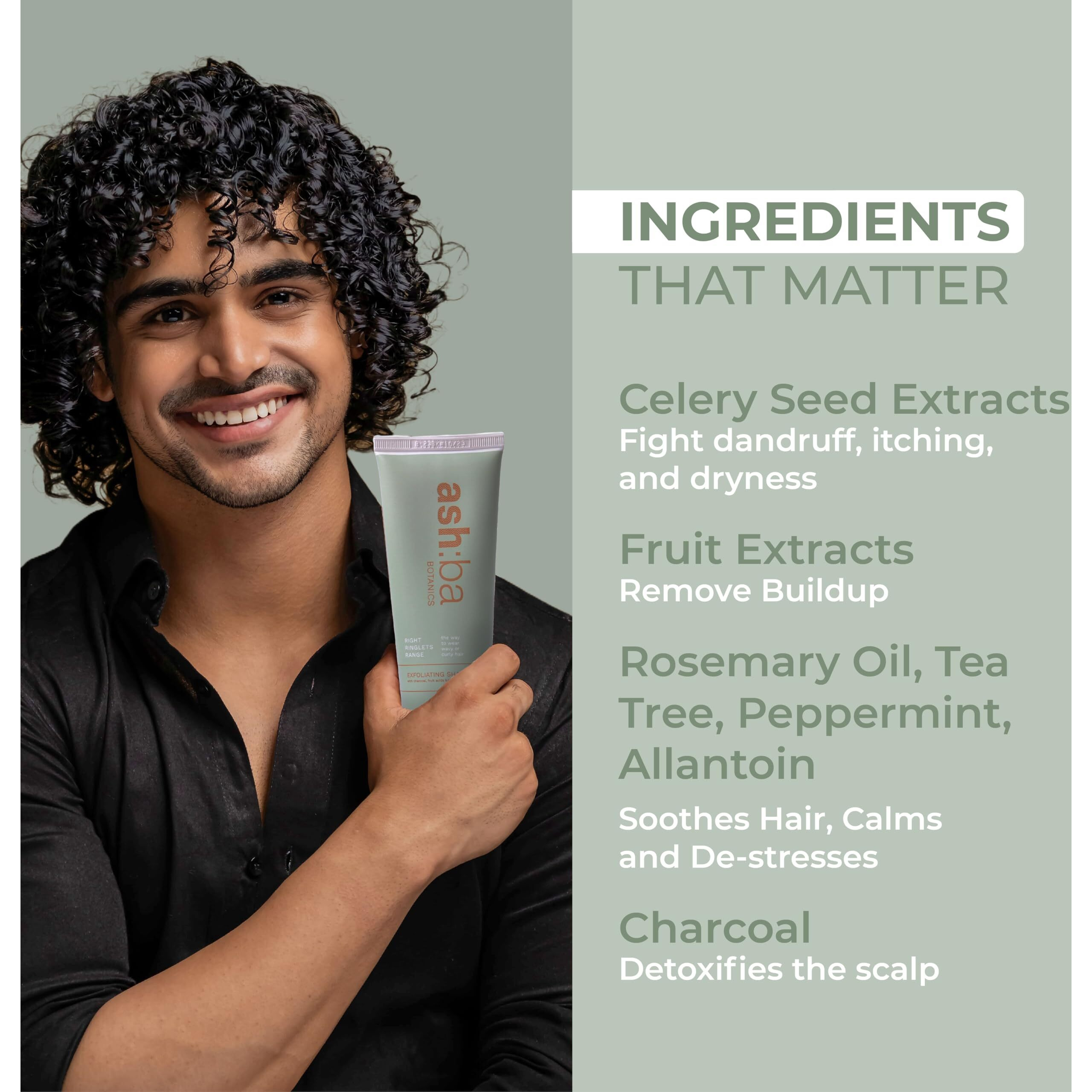 Ashba Botanics Exfoliating Shampoo For Women & Men With Curly & Wavy Hair | Natural Ahas, Tea Tree, Peppermint, Rosemary & Charcoal Gently Cleanses, Removes Buildup & Dandruff | No Itchy Scalp 120Ml