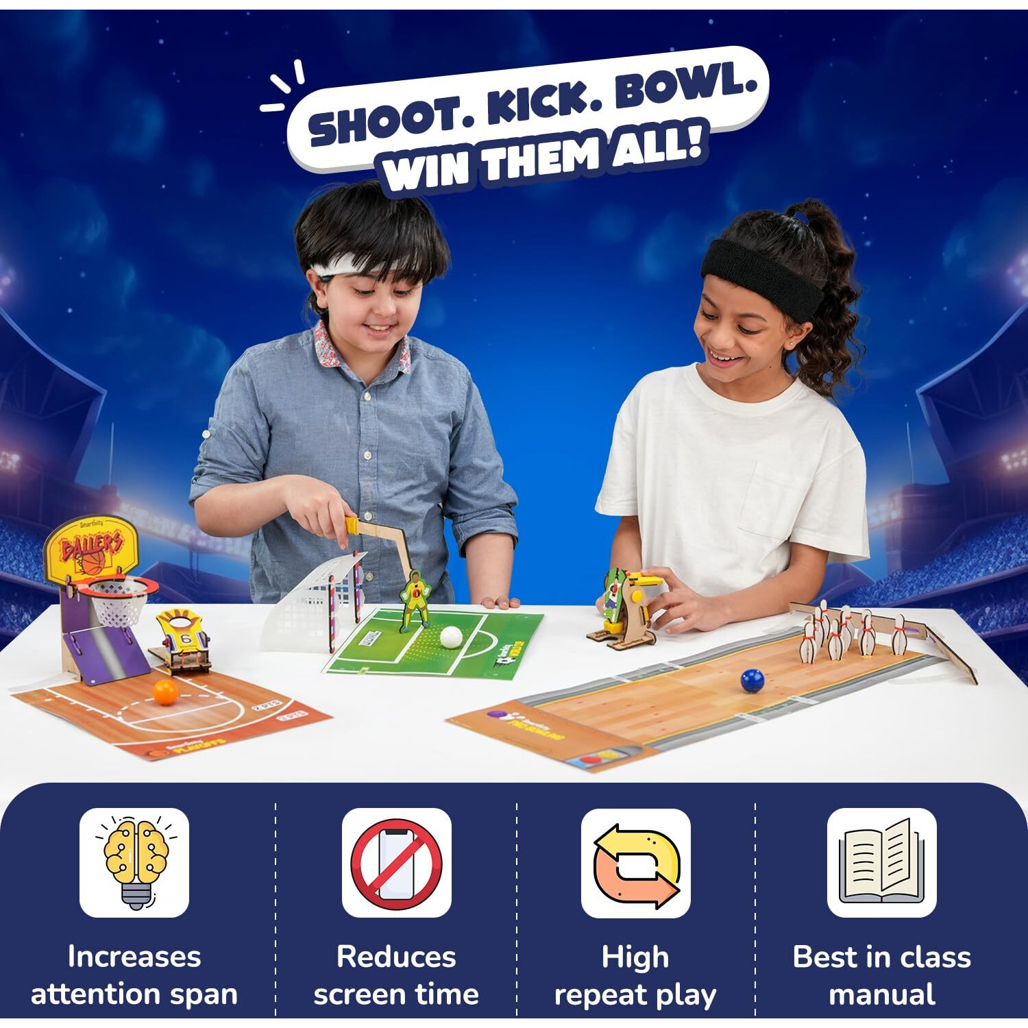 Smartivity Multi Sports Kit For Kids 6-12 Year I Basketball, Football & Bowling | Birthday Gifts For Boys & Girls | Diy Science Toy For Kids 6,7,8,9,10,11,12,13,14 Yearsi Stem Wooden Construction Game