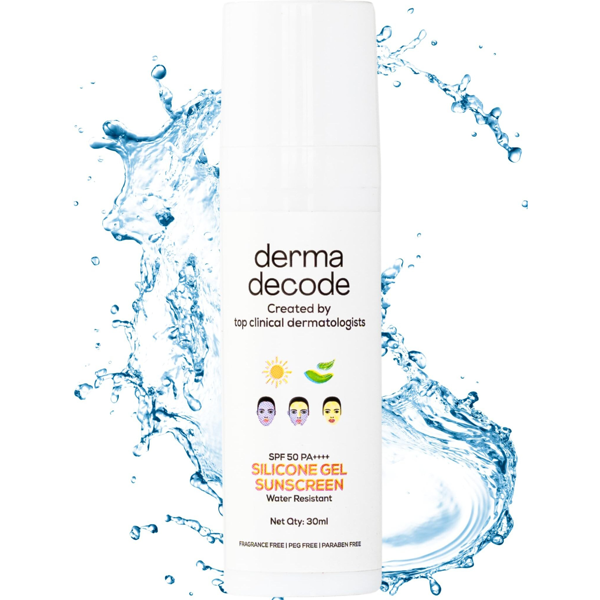 Derma Decode Waterproof Sunscreen For Swimming Spf 50 Pa ++++ Very Water-Resistant, Sweat-Proof | Prolonged Sun Protection For Beach & Sports | For Normal, Oily, Dry, Sensitive Skin Types 30Ml