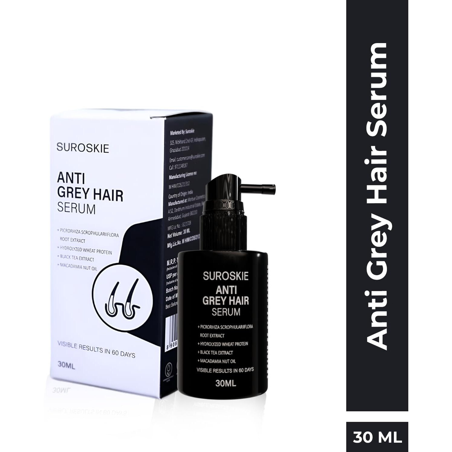 Suroskie Anti-Grey Serum 30 Ml | With Picrorhiza & Black Tea Extract | Nourishes Dry & Frizzy | Restores Natural Colour, Reverses & Limits Greying | All Types | For Men & Women