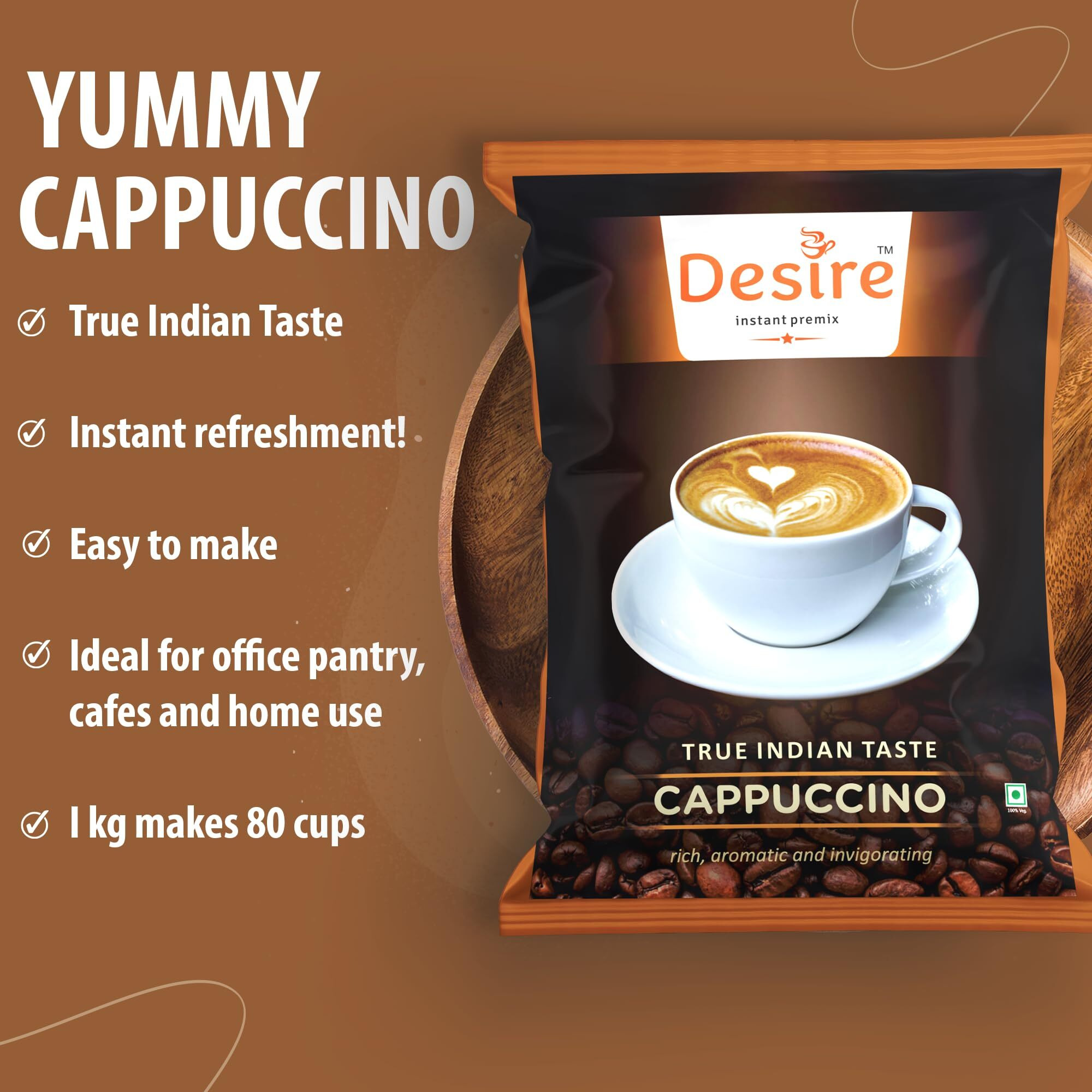 Desire Coffee Premix-Cappuccino Coffee Premix For Vending Machine, Coffee Powder Bag For Coffee Machine Or Manual Use-1 Kg Pack Serves 80 Cups-Just Add Hot Water & Enjoy