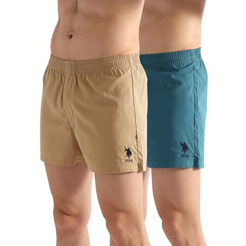 U.S. Polo Assn. Men's Pure Cotton Classic Solid Boxer Shorts (Pack Of 2) (Oex08-P2_Colonial Blue-Iced Coffee