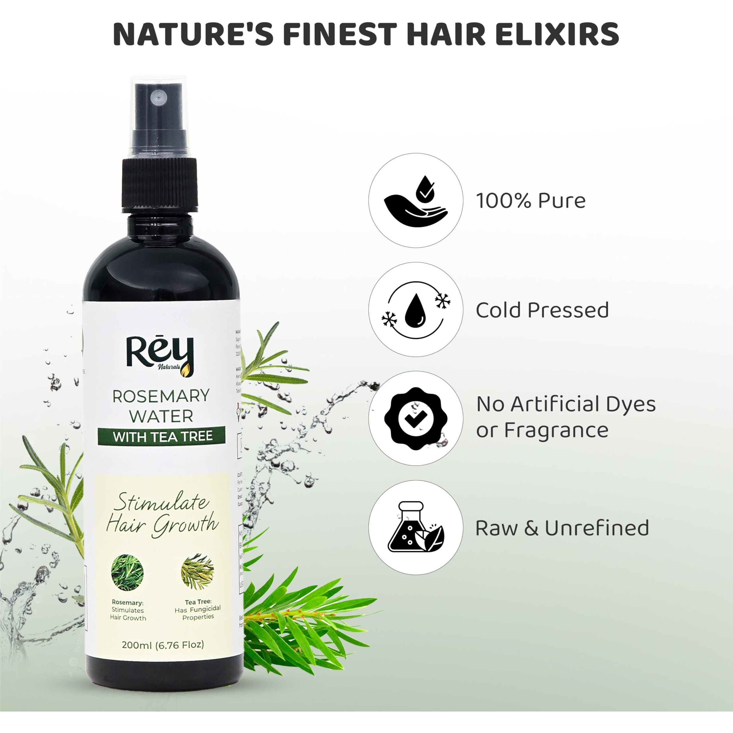 Rey Naturals Aqua Range | Tea Tree & Rosemary Water Spray For Hair Growth - 200Ml | Oil Free Hair Mist Spray For Hairfall, Dandruff & Itchy Scalp | Rosemary Hair Water Spray For Men & Women