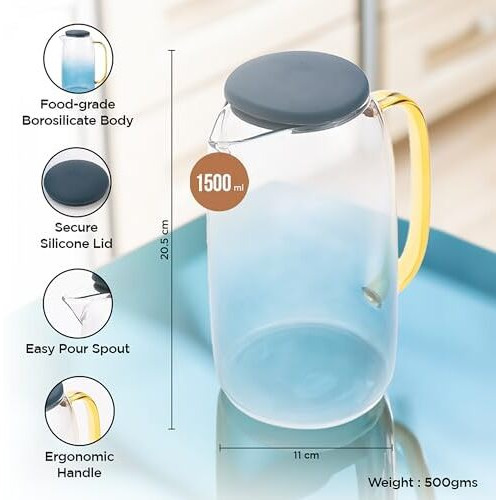 Umai Borosilicate Glass Jug With Stainless Steel Lid And Handle | Leakproof Pitcher For Water, Cold Brew, Tea, Iced Coffee, Lemonade | Diwali Gift | Housewarming Gift (1.5L)