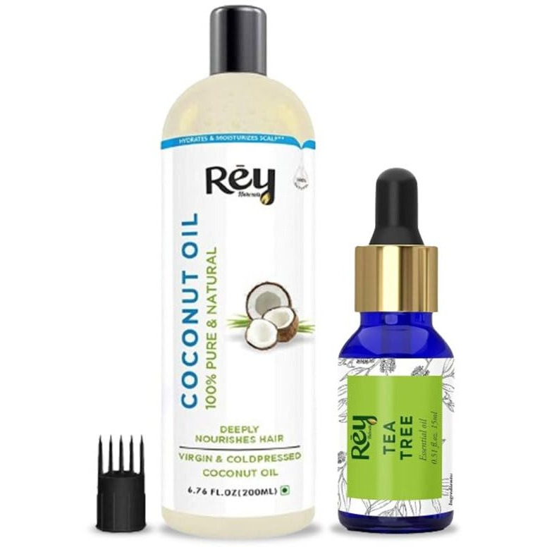 Rey Naturals Tea Tree Essential Oil & Virgin Cold Pressed Coconut Hair Oil | For Healthy Hair & Improved Scalp Condition | Dandruff, Acne, Mosquito Repellent, Aromatherapy, Stress Relief Oil -200+15Ml