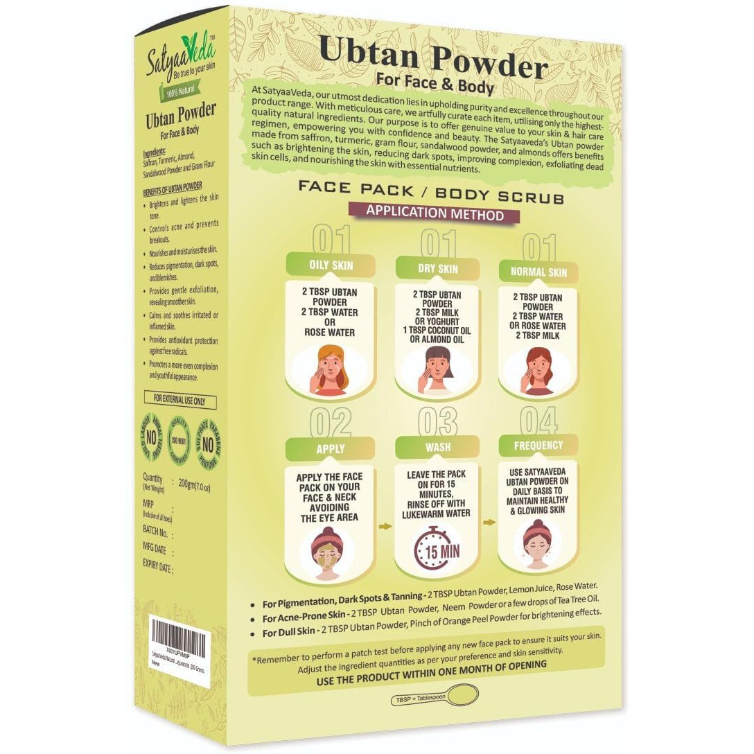 Satyaaveda Ubtan Ayurvedic Face Pack Powder With Saffron, Turmeric, Almond, Sandalwood | Instant Glow I Brightening |Bridal Ubtan | Haldi Ceremony | No Preservative & Chemical | For All Skin | 200G )