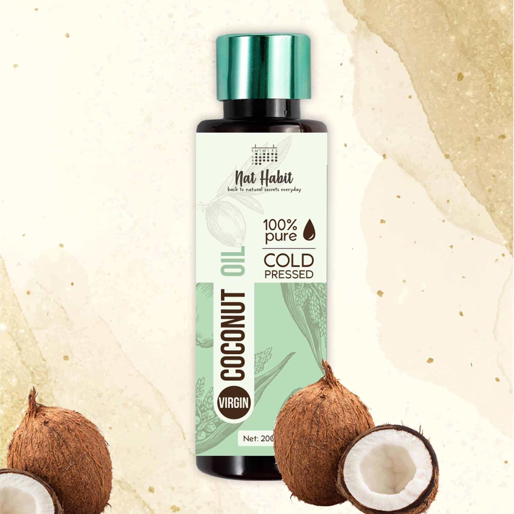 Nat Habit Cold Pressed 100% Pure Virgin Coconut Oil For Skin & Hair, Of Raw Coconut From Tamil Nadu & Kerala | Fresh From Our Ayurvedic Kitchen, Zero Preservatives | Body Massage Oil, Hair Oil, 200Ml