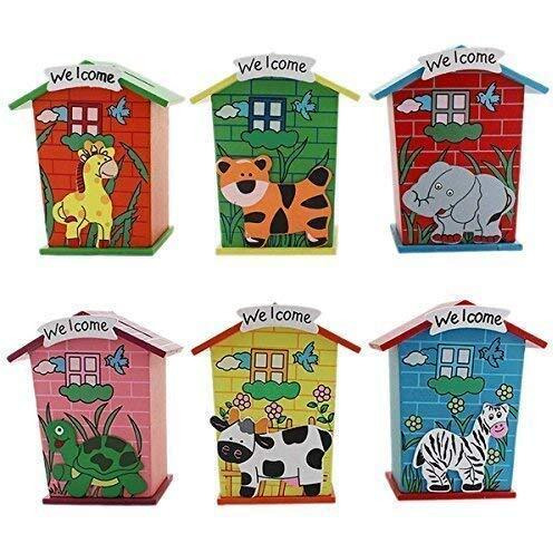 Home Buy Piggy Bank For Kids Wood House Animal Designs, Educational Learning Toys Multi Color Perfect Return Gift For Kids Birthday Party (Pack Of 6)