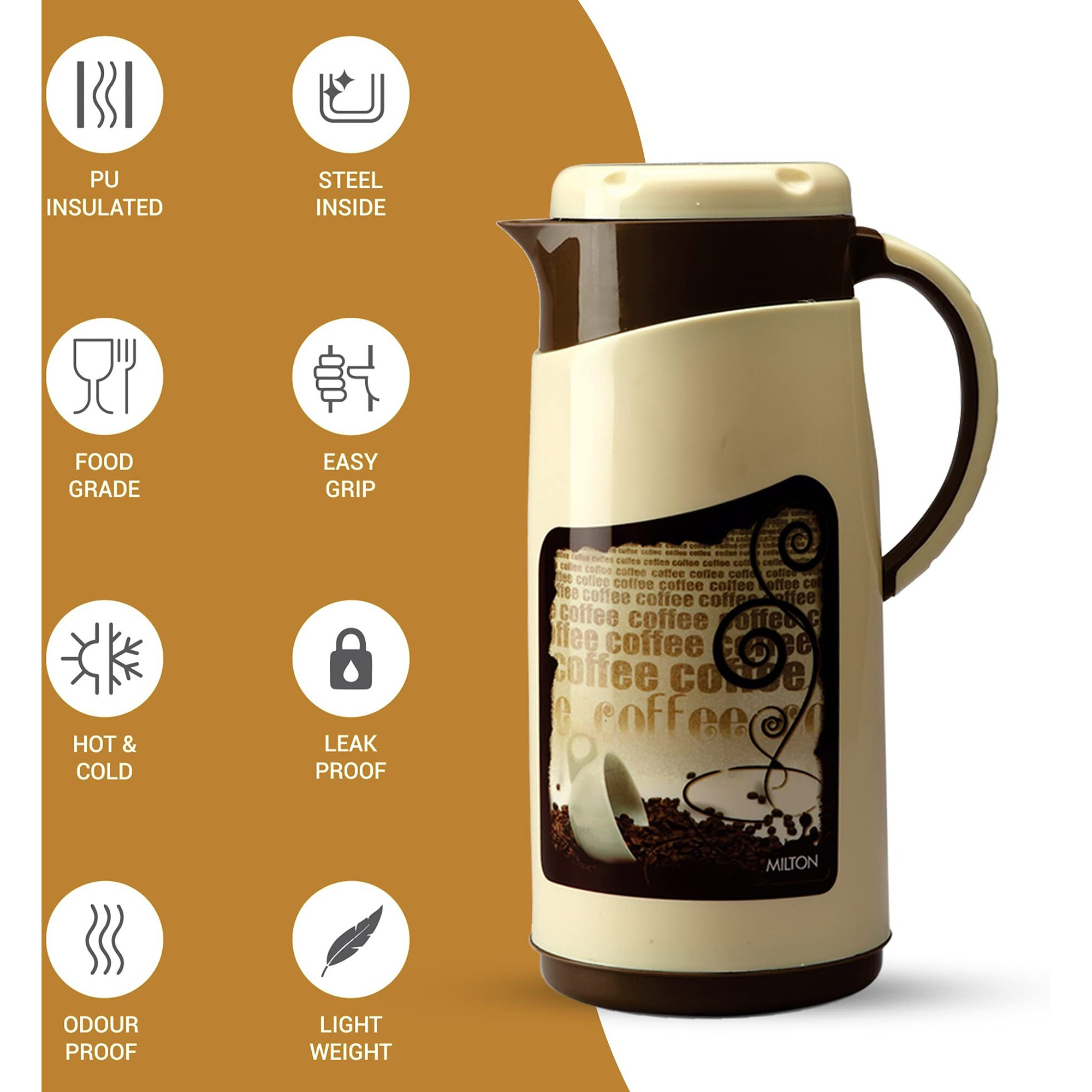 Milton Viva Tuff 1500 Water Jug, Pu Insulated Inner Stainless Steel Hot & Cold Jug, Bpa Free, Leak Proof, 1.35 Litre, Brown, Ideal For Tea, Coffee, Water, Hot Beverages