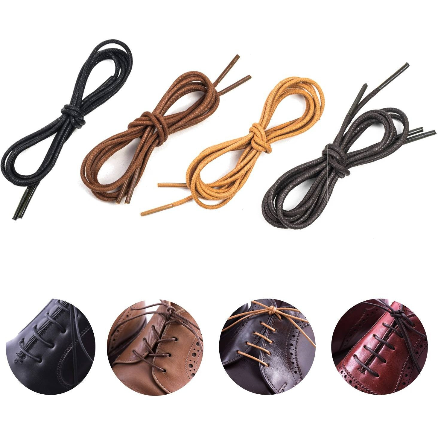 Lify Waxed Cotton Extra Thin Dress Round Shoelaces For Formal Shoes/Leather Shoe, Available In 60Cm (23.62'')- Black, Teak, Tan & Coffee Color - 4 Pair Pack
