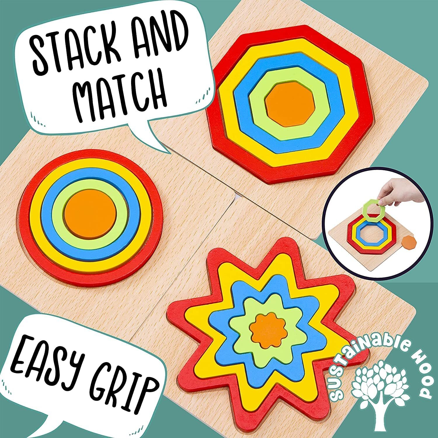Kliffoo Toddler Puzzles Games Wooden Toys Montessori Rainbow Shape Sorting Puzzle Toys Toddlers Activities Preschool Learning Early Educational Birthday Gift Travel For Kids Age 1 2 3 4 Year Old