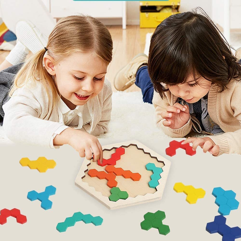 Kliffoo Wooden Puzzle Toys For Kids 3+Years Wooden Hexagon Puzzle Tangram Brain Teaser Toy Kid Toddler Puzzles Shape Pattern Block Geometry Logic Iq Game Stem Montessori Educational Gift For Challenge