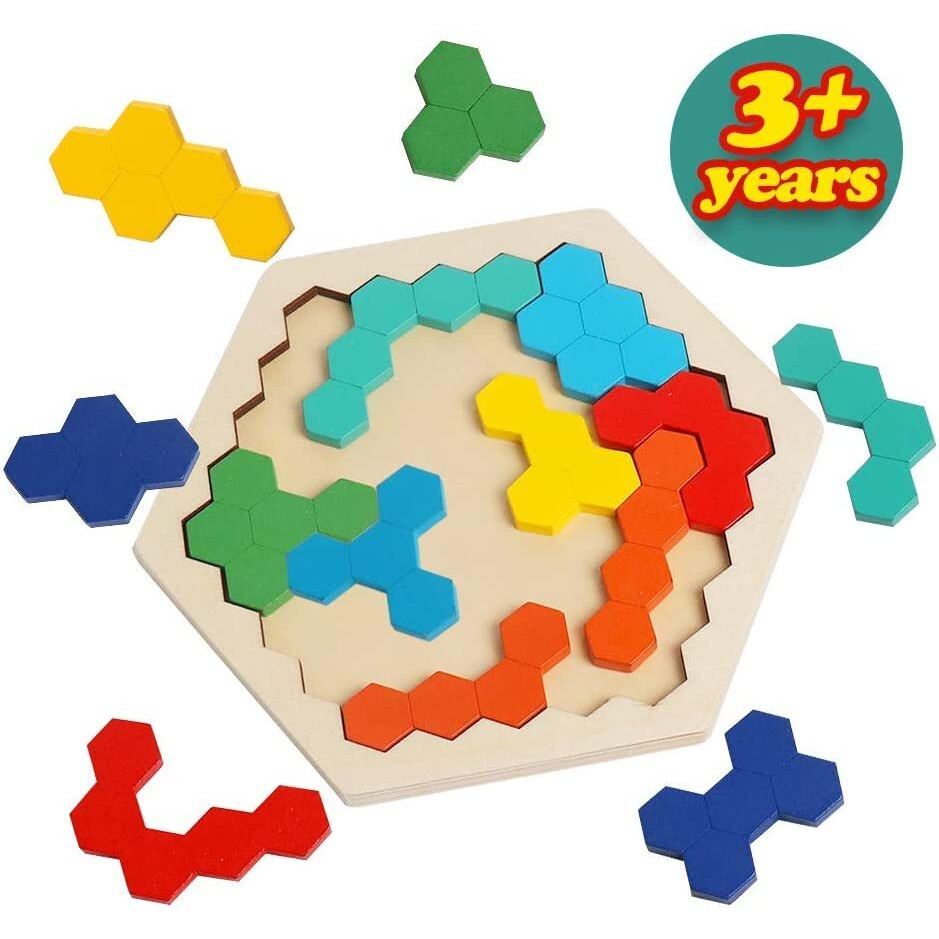 Kliffoo Wooden Puzzle Toys For Kids 3+Years Wooden Hexagon Puzzle Tangram Brain Teaser Toy Kid Toddler Puzzles Shape Pattern Block Geometry Logic Iq Game Stem Montessori Educational Gift For Challenge