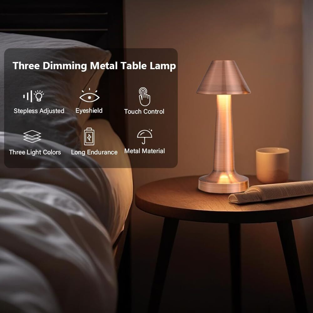 Gesto Battery Operated Rechargable Desk Lamp- 3 Color Mode Touch Control | 3 Level Brightness Eye Carying Wireless Metal Lamp For Restaurant,Bedroom,Bars,Outdoor Party,Camping,Coffee Shop(Rose Gold)