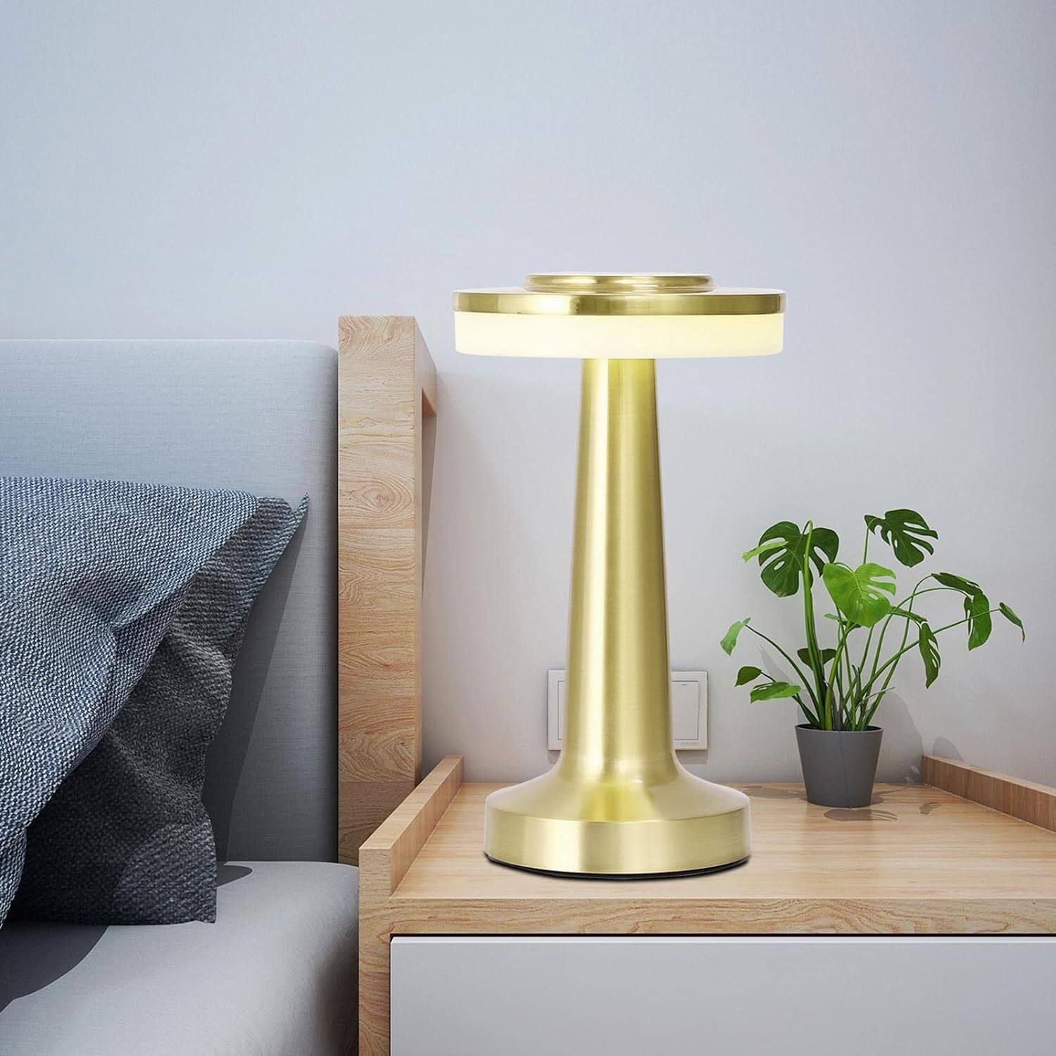 Gesto Battery Operated Rechargable Desk Lamp- 3 Color Mode Touch Control | 3 Level Brightness Eye Carying Wireless Metal Lamp For Restaurant,Bedroom,Bars,Outdoor Party,Camping,Coffee Shop (Gold)