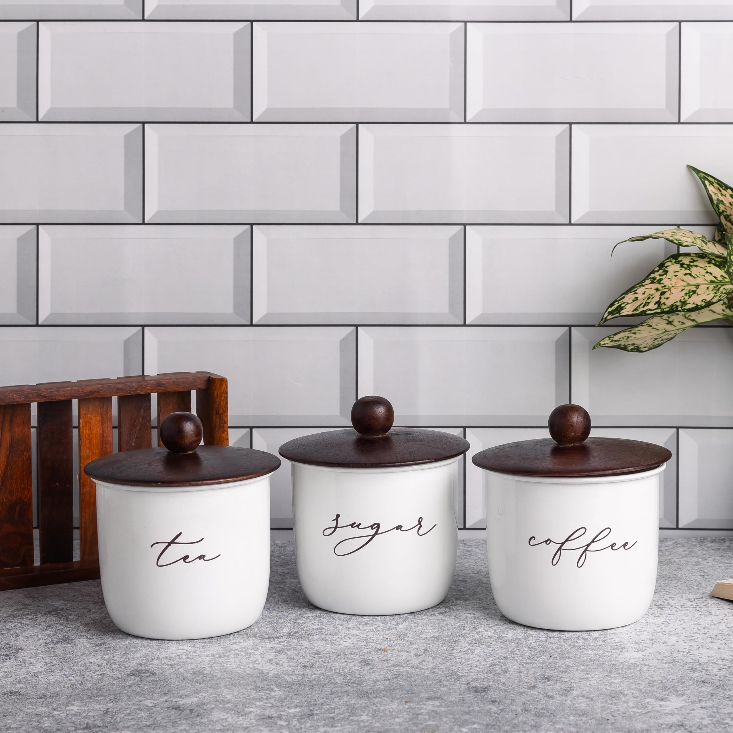 Elegant Airtight Container Set | Sugar Tea Coffee Container Set Of 3 | Metal Container For Kitchen Storage | Wooden Lid Container For Kitchen | Food-Safe Jar Set For Kitchen (White)