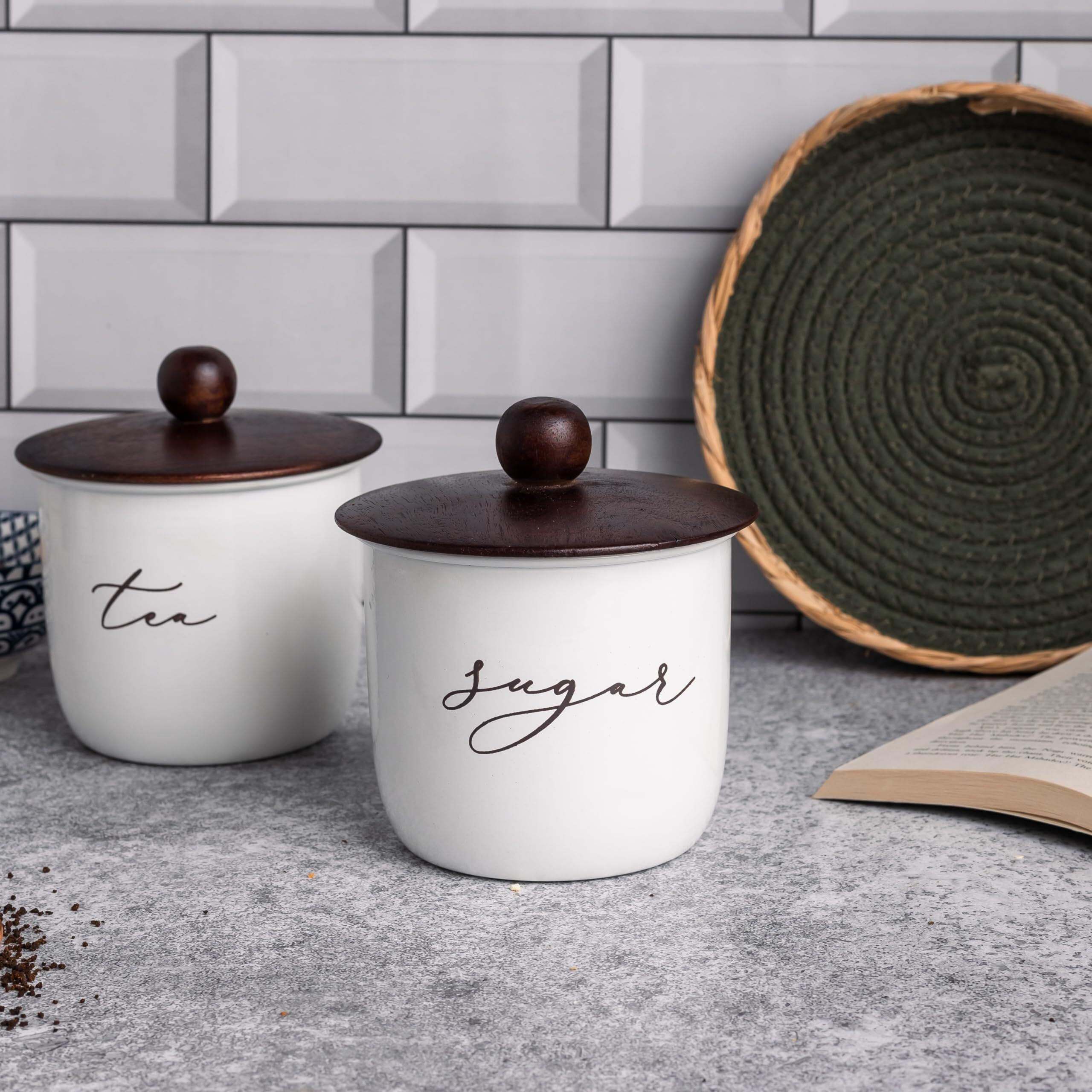 Elegant Airtight Container Set | Sugar Tea Coffee Container Set Of 3 | Metal Container For Kitchen Storage | Wooden Lid Container For Kitchen | Food-Safe Jar Set For Kitchen (White)